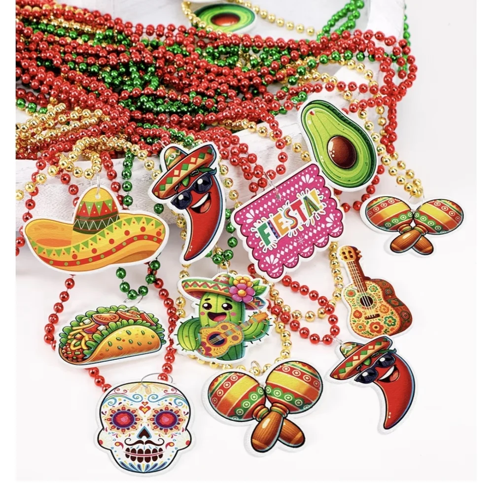 Festive Beaded Necklace withed Sombrero and Maracas. Set Of Five. Nwot.